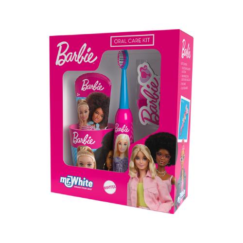 Miniaturka artykułu - Mr.White Zestaw do mycia zęb&oacute;w Barbie 3+ Szczoteczka elektryczna + Pasta do zęb&oacute;w, 75 ml + Kubek + Organizer ze spinkami