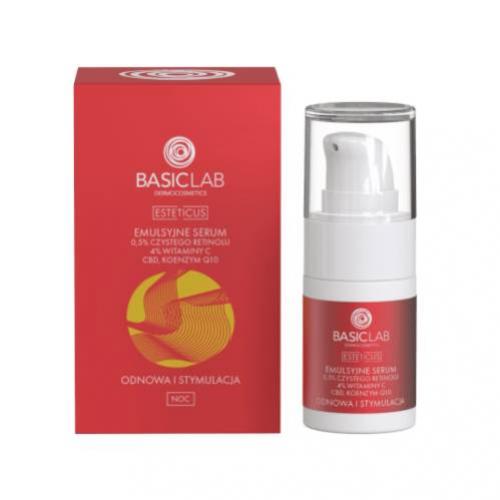 Miniaturka artykułu - BASICLAB Esteticus Emulsyjne serum na noc z retinolem, witaminą C, CBD i koenzymem Q10, 15ml