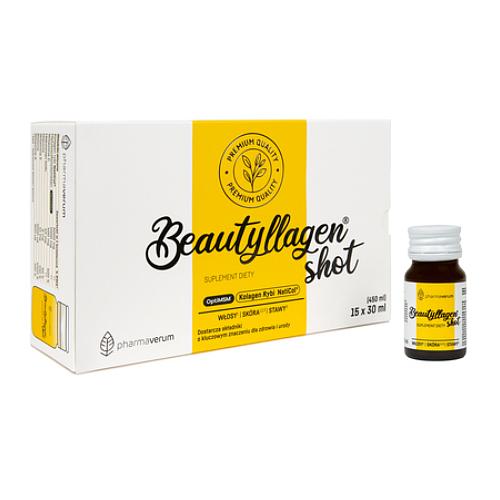 Miniaturka artykułu - Pharmaverum Beautyllagen Shot Kolagen mango-pomarańcza płyn, 15x30ml