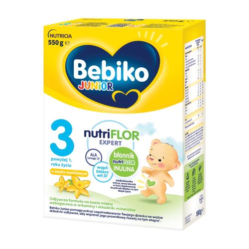 Miniaturka artykułu - Bebiko Junior 3 NutriFlor Expert Odżywcza formuła na bazie mleka dla małych dzieci powyżej 1. roku życia smak waniliowy, 550 g