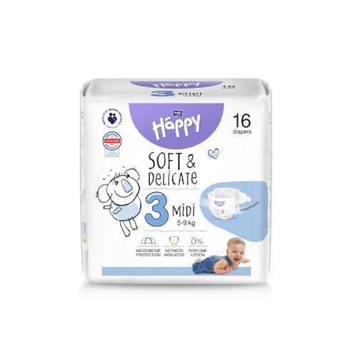 Miniaturka artykułu - Bella Baby Happy Soft & Delicate Midi 3 Pieluszki 5-9kg, 16 szt.