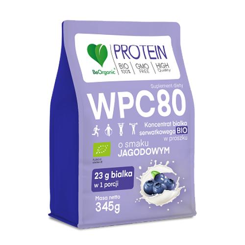 Miniaturka artykułu - BeOrganic WPC 80 Koncentrat białka serwatkowego BIO o smaku jagodowym, 345 g