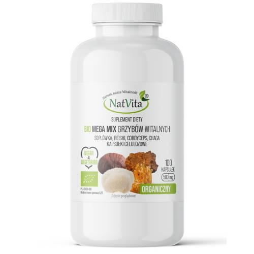 Miniaturka artykułu - NatVita Bio Mega Mix Grzyb&oacute;w witalnych (Sopl&oacute;wka, Reishi, Cordyceps, Chaga), 100 kaps.