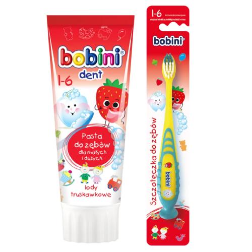 Bobini Dent Pasta do zęb&oacute;w lody truskawkowe 1+, 75 ml + Szczoteczka do zęb&oacute;w miękka, 1 szt.