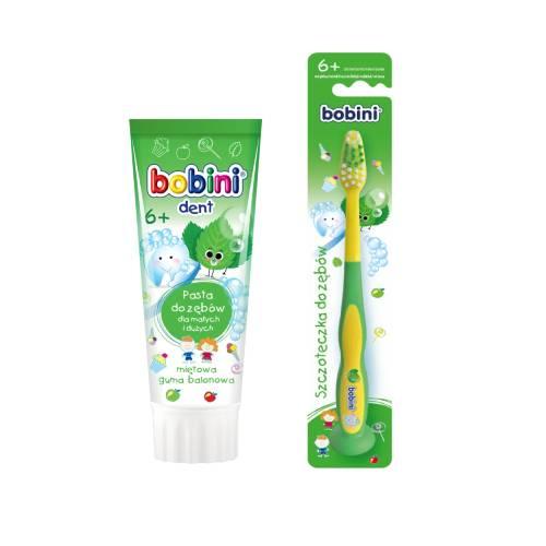 Bobini Dent Pasta do zęb&oacute;w miętowa guma balonowa 6+, 75 ml + Szczoteczka do zęb&oacute;w miękka, 1 szt.