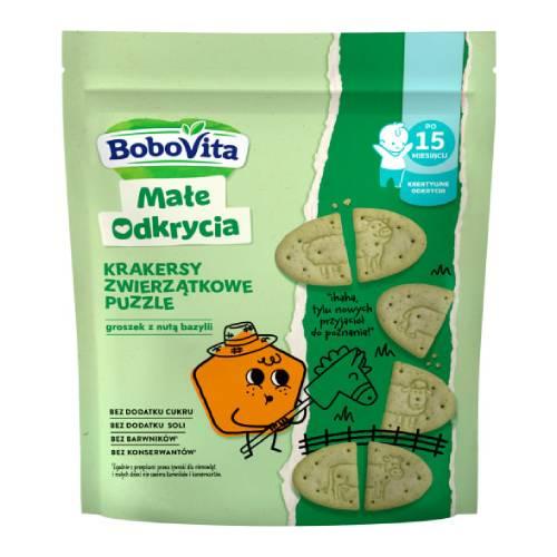 Miniaturka artykułu - BoboVita Małe Odkrycia Krakersy pszenno-orkiszowe z groszkiem i nutą bazylii dla dzieci 15m+, 105 g