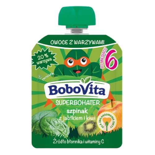 Miniaturka artykułu - BoboVita Superbohater Mus szpinak z jabłkiem i kiwi po 6 miesiącu, 80 g