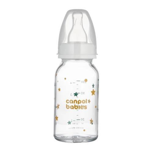 Miniaturka artykułu - Canpol Babies Butelka szklana biała 3 m+ gwiazdki, 120 ml 42/202