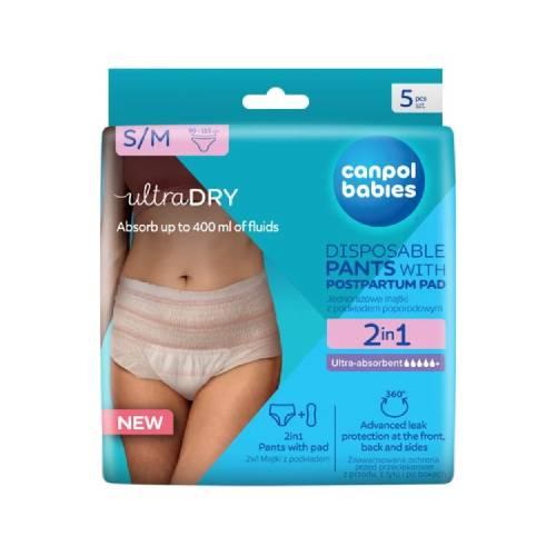 Miniaturka artykułu - Canpol Babies Oddychające i ultrachłonne jednorazowe majtki 2w1 z podkładem poporodowym S/M, 5 szt.​
