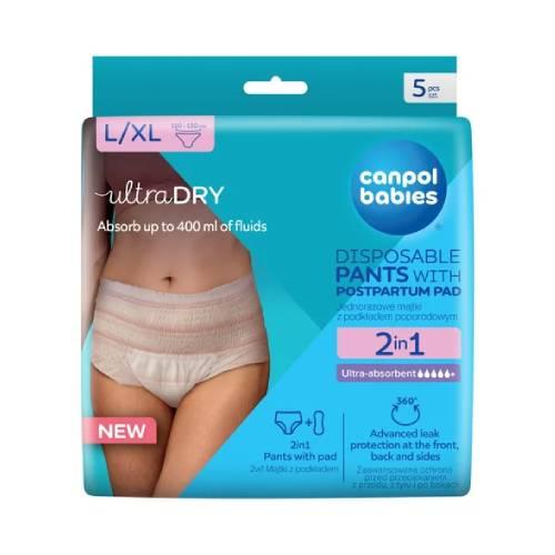 Miniaturka artykułu - Canpol Babies Oddychające i ultrachłonne jednorazowe majtki 2w1 z podkładem poporodowym L/XL, 5 szt.​