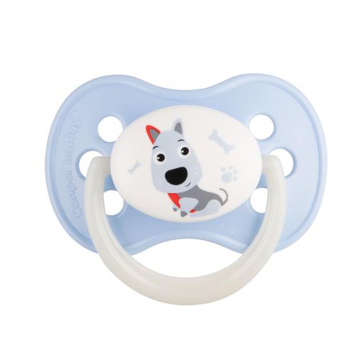 Miniaturka artykułu - CANPOL BABIES Smoczek uspokajający kauczukowy okrągły Animals 6-18m niebieski pies 22/594