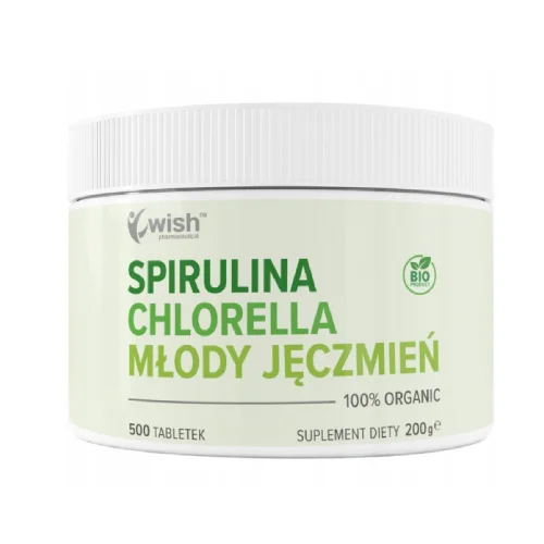 Miniaturka artykułu - Wish Pharmaceutical Chlorella + Spirulina + Młody Jęczmień Organic 100%, 500 tabl.