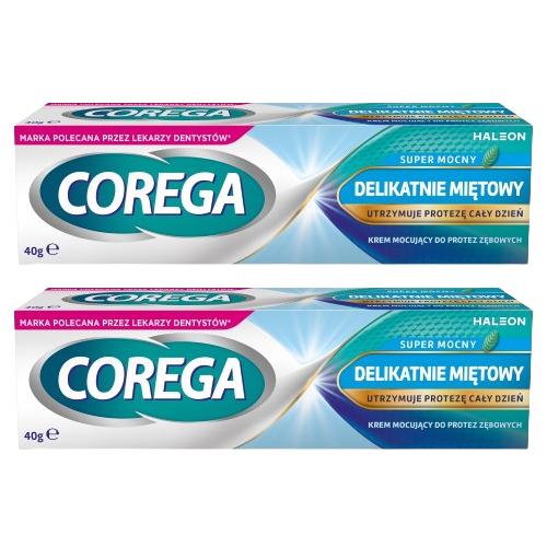 Miniaturka artykułu - Corega Krem mocujący do protez zębowych Super Mocny Delikatnie Miętowy, bez cynku, 2 x 40 g