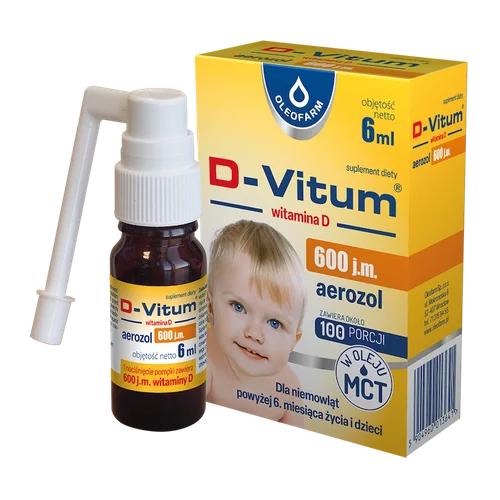 Miniaturka artykułu - D-Vitum witamina D 600 j.m. dla niemowląt powyżej 6. miesiąca życia i dzieci aerozol, 6 ml