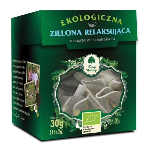 Miniaturka artykułu - Dary Natury Herbata zielona relaksująca EKO w piramidkach, 15x2g