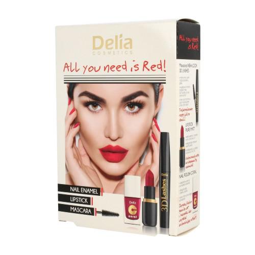 Miniaturka artykułu - DELIA All You Need is Red Set Zestaw Tusz do rzęs New Look 3D, 12ml + Pomadka do ust Pute Matt 307, 4g + Lakier do paznokci Coral 047, 11ml