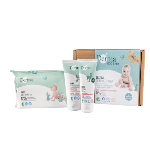 Miniaturka artykułu - Derma Eco baby zestaw - krem, 100ml + szampon/mydło, 150ml + chusteczki, 64szt.