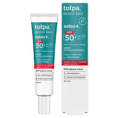 Miniaturka artykułu - Tołpa Dermo Face Sebio+ SPF 50+ krem fotoochronny do twarzy na trądzik i zaczerwienienia, 40 ml