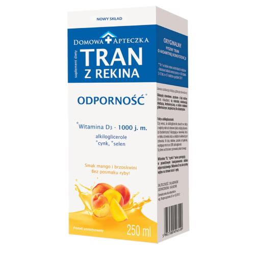 Miniaturka artykułu - DOMOWA APTECZKA Tran z rekina o smaku mango-brzoskwinia z wit. D, 250ml