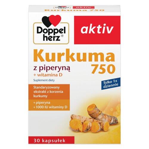 Miniaturka artykułu - DOPPELHERZ AKTIV Kurkuma 750 z piperyną + witamina D, 30kaps.