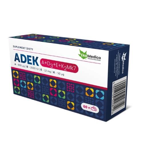 Miniaturka artykułu - EkaMedica ADEK A+D3+E+K2Mk7, 60 kapsułek