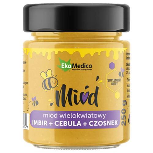 Miniaturka artykułu - EkaMedica Mi&oacute;d wielokwiatowy Imbir + Cebula + Czosnek, 250g