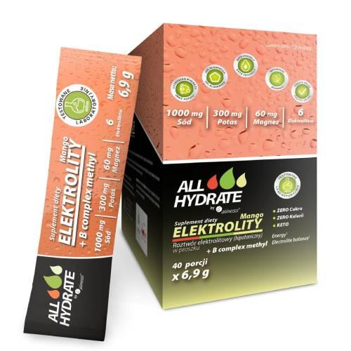 Miniaturka artykułu - ALLHydrate Elektrolity Mango + B complex methyl, 40 sasz. x 6,9 g