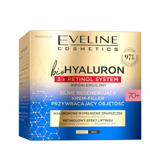 Miniaturka artykułu - EVELINE bioHYALURON 3xRetinol System 70+ Silnie regenerujący Krem-Filler przywracający objętość, 50ml