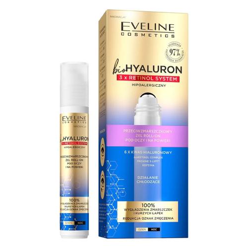 Miniaturka artykułu - EVELINE bioHYALURON 3xRetinol System Przeciwzmarszczkowy Żel roll-on pod oczy i na powieki, 15ml