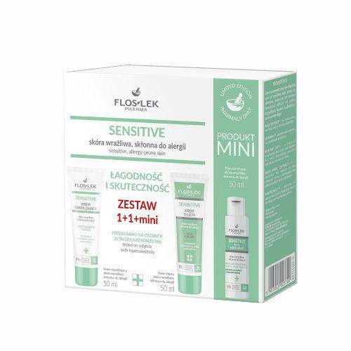 Miniaturka artykułu - FLOS-LEK Zestaw prezentowy SENSITIVE Łagodność i skuteczność: Krem nawilżający, 50ml + Krem tłusty, 50ml + Płyn micelarny, 50ml