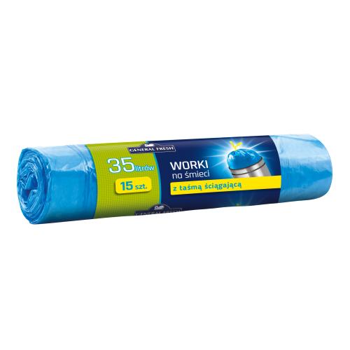Miniaturka artykułu - General Fresh Worki na śmieci z taśmą ściągającą 35l, 15szt.