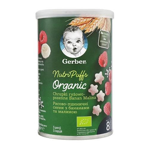 Miniaturka artykułu - Gerber Organic Nutri Puffs Chrupki ryżowo-pszenne Banan Malina od 8. miesiąca, 35g