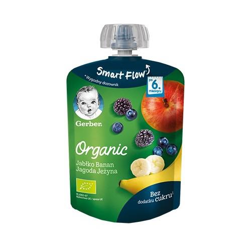 Miniaturka artykułu - GERBER ORGANIC Deserek jabłko, banan, jagoda, jeżyna, 90g