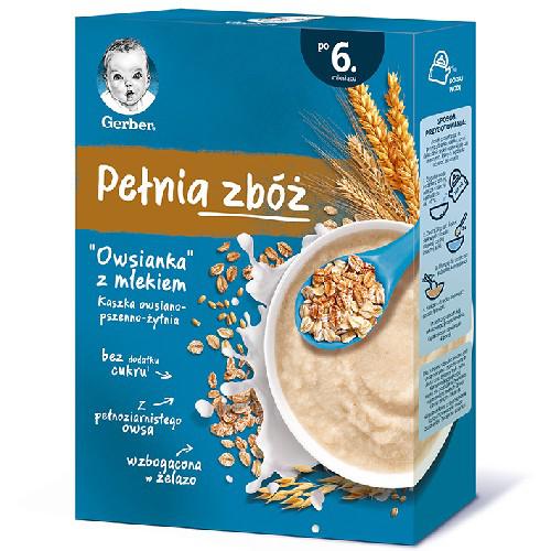 Miniaturka artykułu - GERBER Kaszka Pełnia Zb&oacute;ż "Owsianka z mlekiem" owsiano-pszenno-żytnia po 6. miesiącu, 200g