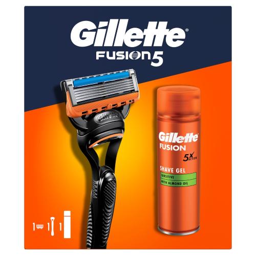 Miniaturka artykułu - Gillette Fusion5 Zestaw Maszynka do golenia dla mężczyzn z wymiennym ostrzem, 1 szt. + Żel do golenia Sensitive, 200 ml