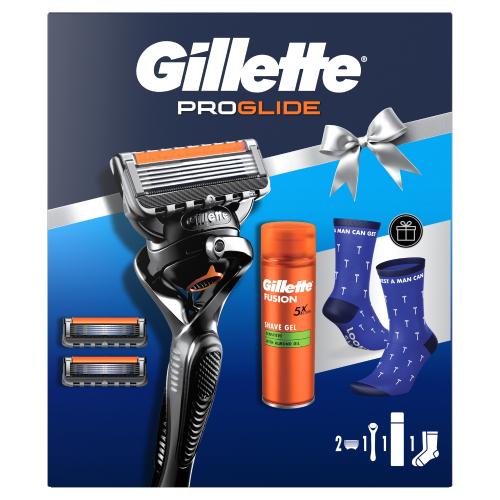 Miniaturka artykułu - Gillette ProGlide Zestaw Maszynka do golenia dla mężczyzn + Wymienne ostrza, 2 szt. + Żel do golenia Sensitive, 200 ml + Skarpety USZKODZONE OPAKOWANIE TEKTUROWE