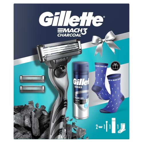 Miniaturka artykułu - Gillette Mach3 Charcoal Zestaw Maszynka do golenia dla mężczyzn + Wymienne ostrza, 2 szt. + Żel do golenia, 200 ml + Skarpety