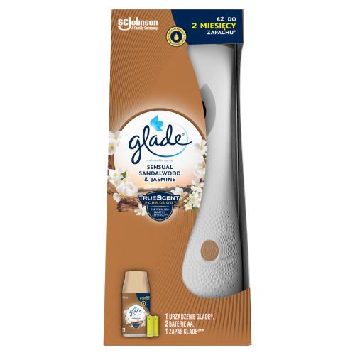 Miniaturka artykułu - GLADE Automatyczny odświeżacz powietrza Drzewo sandałowe & Jaśmin, urządzenie + zapas, 269 ml