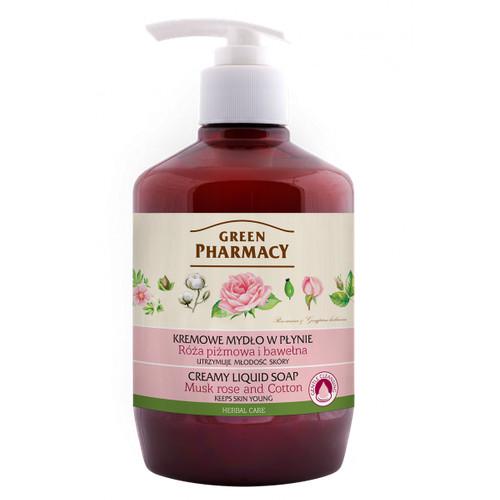 Miniaturka artykułu - GREEN PHARMACY Mydło w płynie, r&oacute;ża piżmowa i bawełna, 460ml