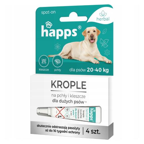 Miniaturka artykułu - HAPPS Herbal krople na pchły i kleszcze dla dużych ps&oacute;w (20-40kg), 4x4ml