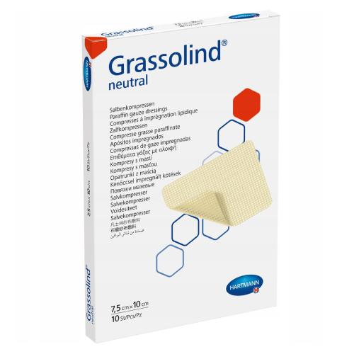 Zdjęcie produktu - HARTMANN Grassolind opatrunek jałowy z neutralną maścią 7,5 cm x 10 cm, 10 szt.