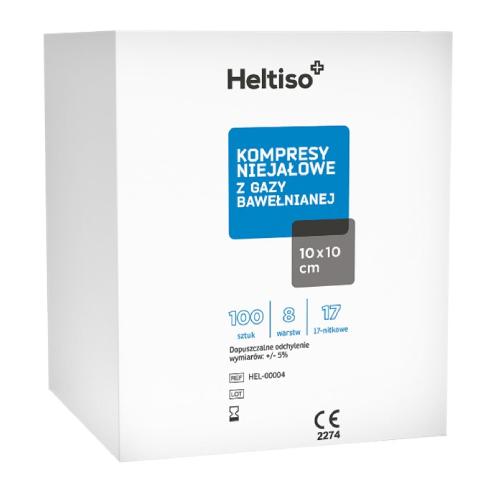Heltiso Kompresy niejałowe z gazy bawełnianej 10x10cm 8warstwowe 17nitkowe, 100 szt. USZKODZONE OPAKOWANIE PAPIEROWE