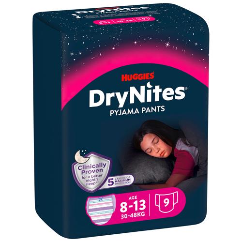 Miniaturka artykułu - HUGGIES DRYNITES GIRLS 8-13 lat (30-48kg) pieluchomajtki, 9 sztuk