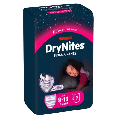 Miniaturka artykułu - HUGGIES DRYNITES GIRLS 8-13 lat (30-48kg) pieluchomajtki, 9 sztuk