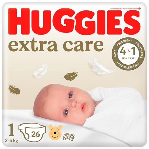 Miniaturka artykułu - HUGGIES Extra Care 1 Pieluchy 2-5 kg, 26 sztuk