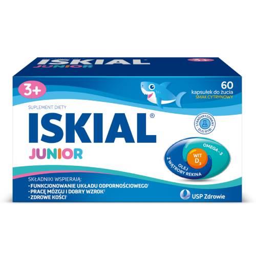 Miniaturka artykułu - Iskial Junior olej z wątroby rekina, witamina D, DHA smak cytrynowy, 60 kaps. do żucia