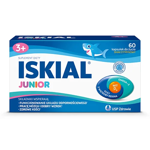 Miniaturka artykułu - Iskial Junior olej z wątroby rekina, witamina D, DHA smak cytrynowy, 60 kaps. do żucia