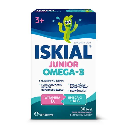 Miniaturka artykułu - Iskial Junior Omega-3 żelki o smaku truskawkowym, 30szt. - z DHA i witaminą D