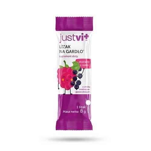 Miniaturka artykułu - JUSTVIT Lizak na gardło o smaku malinowo-porzeczkowym, 40 szt.
