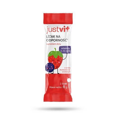 Miniaturka artykułu - JUSTVIT Lizak na odporność o smaku truskawkowo-aroniowym, 40 szt.